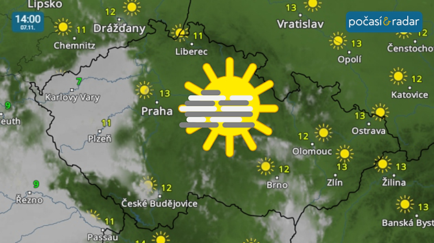 Meteoradar, screenshot, 7. 11. 14:00: Část Česka bude i během pátečního dne pokrývat příkrov mlh a nízké inverzní oblačnosti.