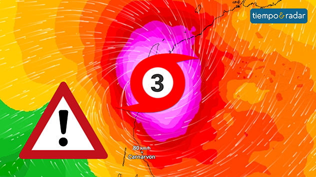 Mapa del ciclón Narelle frente a las costas de Australia Occidental. Vientos fuertes de más de 140 km/h cerca de Carnarvon. Los colores indican la intensidad y la extensión de la tormenta.