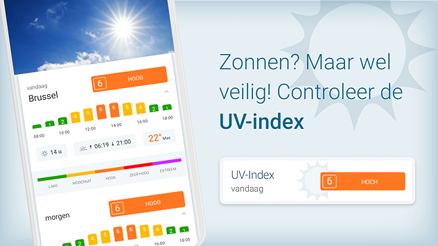 Een overzicht van de uv-index functie van de Weer & Radar app. In het overzicht van de UV-index kun je de zonkracht van de actuele dag en de komende dagen checken.