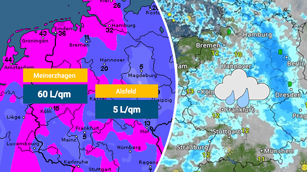 Zweigeteiltes Bild: Links 72-stündige Regenmengen, rechts WetterRadar mit Regen am Dienstag Zweigeteiltes Bild: Links 72-stündige Regenmengen, rechts WetterRadar mit Regen am Dienstag