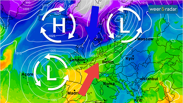 De weerkaart voor donderdag toont een lagedrukgebied op de Atlantische Oceaan, die bij ons voor zacht weer zorgt. Vanuit het noorden nadert echter gevoelig koudere lucht.