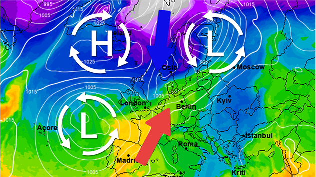 De weerkaart voor donderdag toont een lagedrukgebied op de Atlantische Oceaan, die bij ons voor zacht weer zorgt. Vanuit het noorden nadert echter gevoelig koudere lucht.