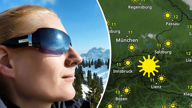 Links: Eine Frau mit Sonnenbrille vor Alpenkulisse. Rechts: Das WetterRadar für Samstag.