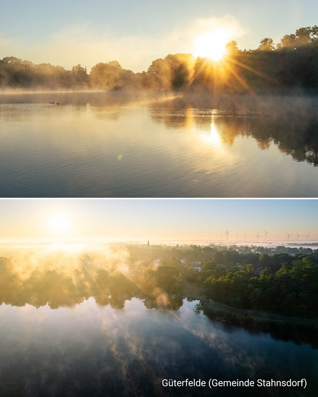 Morgennebel über einem stillen See mit aufgehender Sonne und goldenen Lichtstrahlen. Im unteren Bild Blick über Güterfelde mit Nebelschwaden.