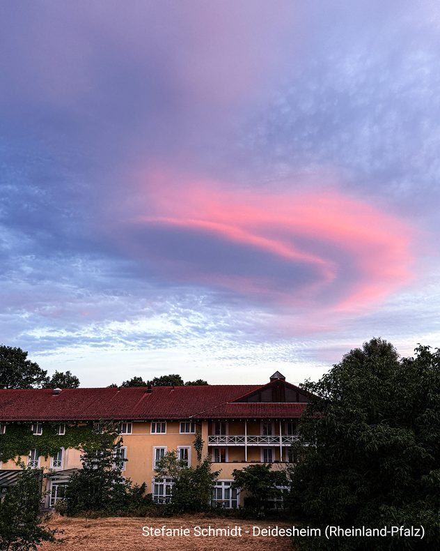 Rosafarben angestrahlte Linsenwolke über Gebäuden in Deidesheim, Rheinland-Pfalz.