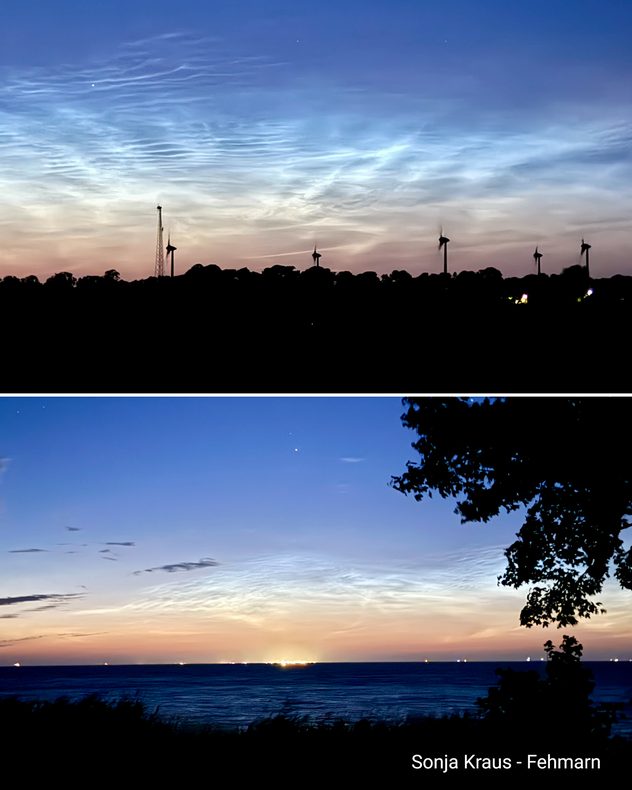 Leuchtende Nachtwolken über der Ostsee bei Fehmarn während der späten Dämmerung mit Blick auf den Horizont.