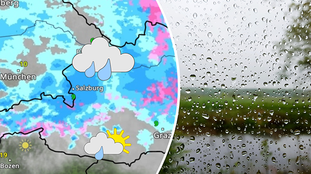 Links: Eine Wetterkarte von Österreichzeigt vor allem nördlich des Alpenhauptkamms Regen. Rechts: Ausblick in eine Landschaft mit Wassertropfen an der Scheibe.