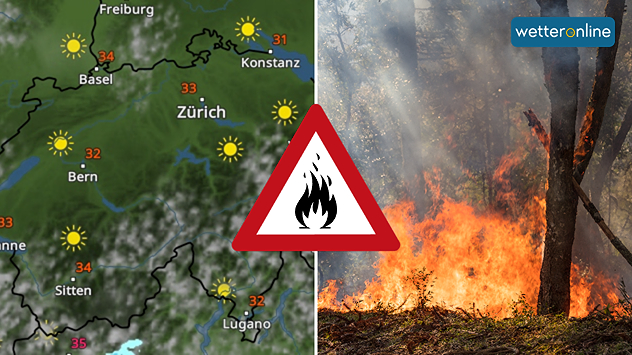 Wetterkarte mit viel Sonne und Hitze in der Schweiz und Waldbrandbild