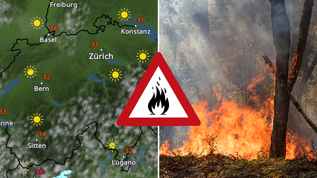 Wetterkarte mit viel Sonne und Hitze in der Schweiz und Waldbrandbild