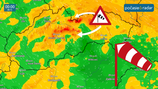 Veterný radar s vyznačením silného vetra, a upozornením na veľmi silným vetrom vo Vysokých a Nízkych Tatrách. 
