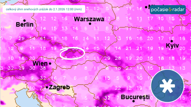 Mapa celkového očakávaného úhrnu snehových zrážok do piatku 2.1.2026 12:00. Vyzmačený je región severu Žilinského kraja, kde sa očakávajú najvyššie úhrny.