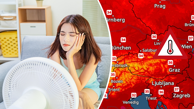 Eine Frau kühlt sich vor einem Ventilator. Rechts zeigt das TemperaturRadar hohe Temperaturen und eine Hitzewarnung für Österreich.