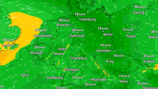 WindRadar zeigt fast nur noch grüne Farben und damit einen schwachen Wind an
