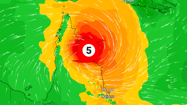 Wind map showing a powerful cyclone off the north-east coast of Australia. The red centre indicates a Category 5 storm near Cairns. The surrounding areas show strong wind patterns.