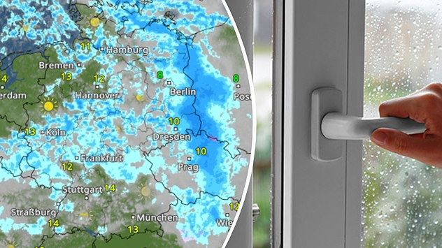20251028_Ticker-Image-632×355 Links das WetterOnline WetterRadar, das heute viel Regen zeigt. Rechts ein Fenster, das bei Regenwetter geöffnet wird.