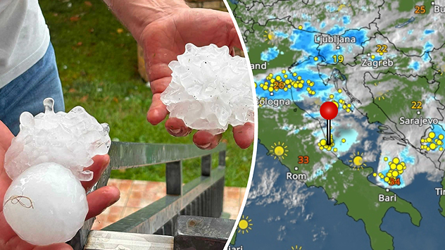 Zwei Hände halten riesige Hagelkörner, daneben eine Wetterkarte mit Gewittern und vielen Blitzen über der Adriaküste und dem westlichen Balkan.
