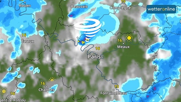 Wetterkarte mit Tornadosymbol nördlich von Paris und wechselhaftem Wetter in der Region.