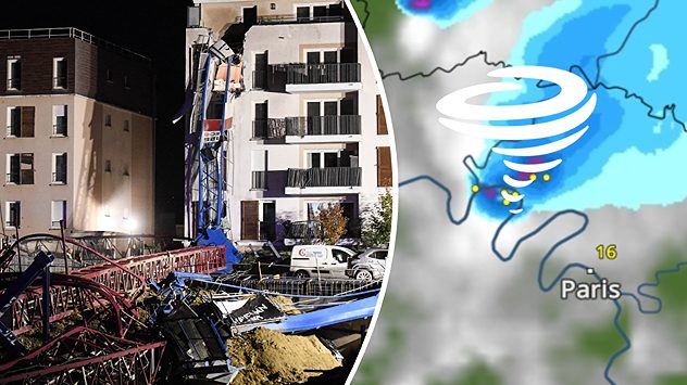 Umgestürzter Baukran vor Wohnhaus und Wetterkarte mit Tornadosymbol bei Paris. (c) dpa