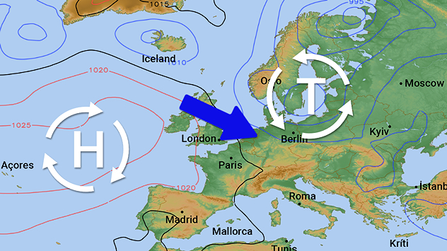 Europäische Wetterkarte mit Hoch und Tief sowie Zustrom kühlerer Luft nach Mitteleuropa.