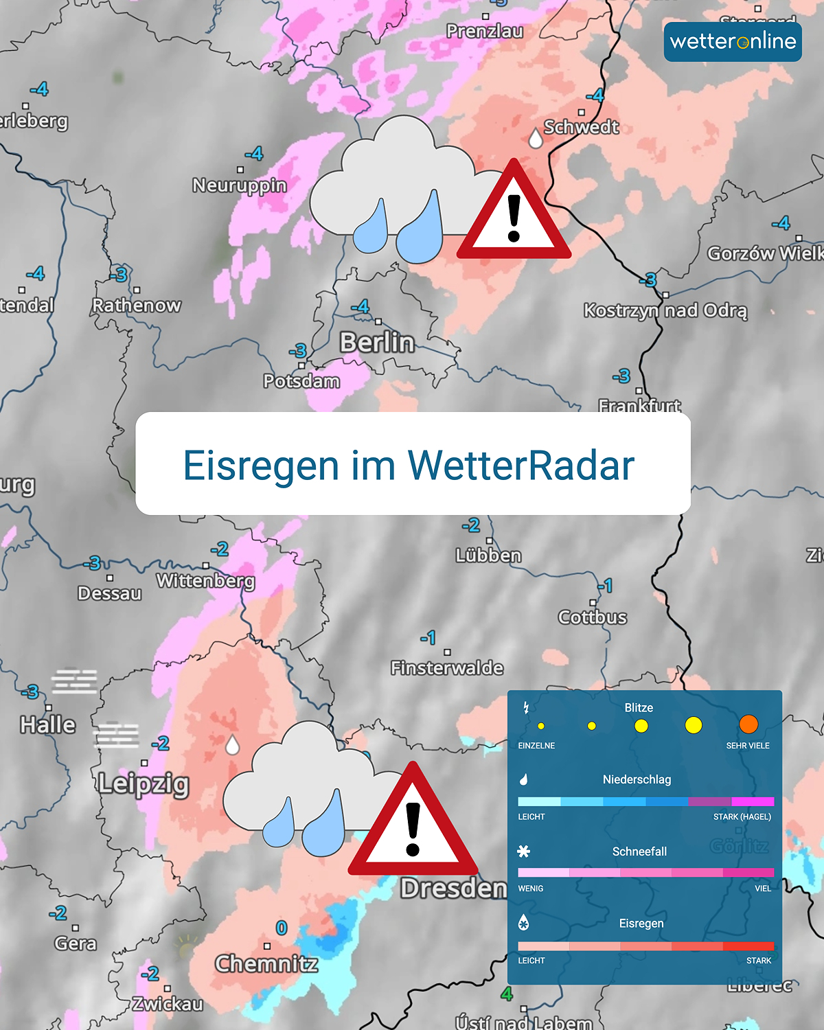 WetterRadar mit markierten Eisregengebieten über Berlin, Sachsen und Brandenburg.