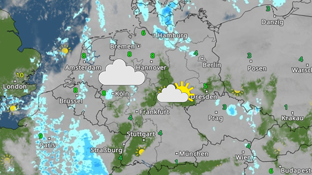 Wetterkarte mit dichter Bewölkung, lokalen Schauern und einigen Auflockerungen. Temperaturen zwischen 4 und 9 Grad in Mitteleuropa.