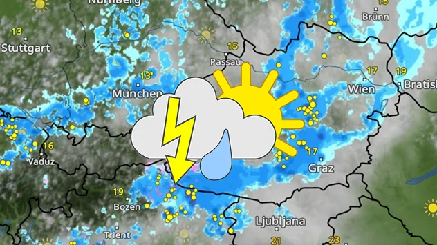 Wetterkarte von Österreich mit Niederschlagsgebieten, Sonne, Wolken und Temperaturen