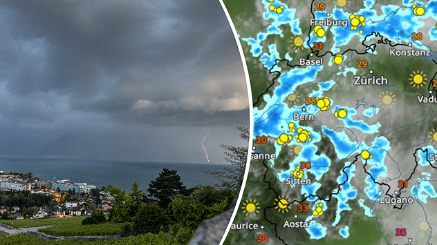 Bildmontage mit Gewitter über dem Genfersee und WetterRadar der Schweiz. Das Radar zeigt verbreitet Schauer und Gewitter, begleitet von einzelnen Blitzsymbolen.