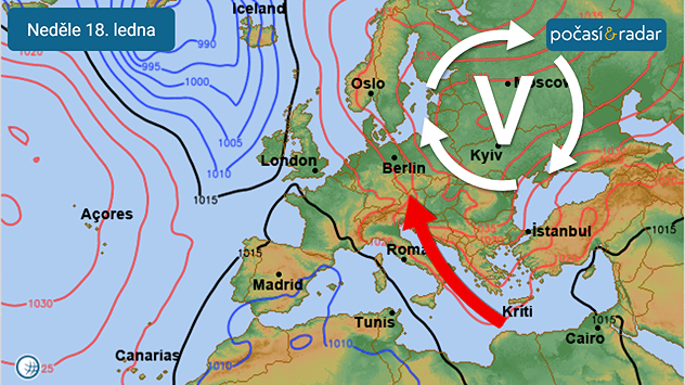 Předpověď synoptické situace nad Evropou na neděli 18. ledna: O víkendu bude nad Česko proudit (zejména ve vyšších vrstvách atmosféry) teplejší a postupně i sušší vzduch od jihovýchodu. Výraznější tlakový gradient nad střední Evropou (nahuštěné izobary na synoptické mapě) v Česku místy povede ke značnému zesilování větru.