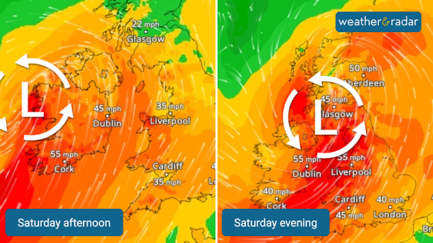Side-by-side wind maps of the UK and Ireland for Saturday afternoon and evening, showing a deepening low-pressure system with orange-red wind zones and gusts up to 55 mph moving east.