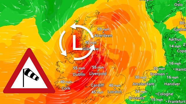 Wind map of the UK and Ireland showing a deep low-pressure system, Storm Dave, with red-orange zones and strong gusts up to 55 mph, plus a windsock warning icon indicating hazardous conditions.