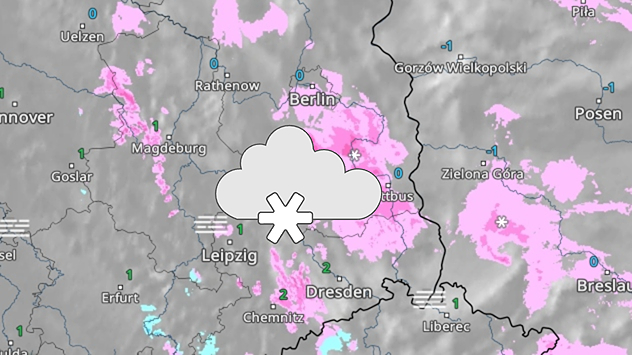Wetterkarte mit rosa markierten Bereichen für Schnee in Ostdeutschland.