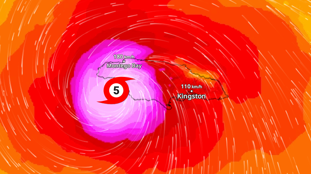 Een weerkaart toont de orkaan Melissa boven Jamaica. De orkaan van categorie 5 trekt met sterke windvelden over Montego Bay en Kingston. De kleuren geven de windsterkte aan.