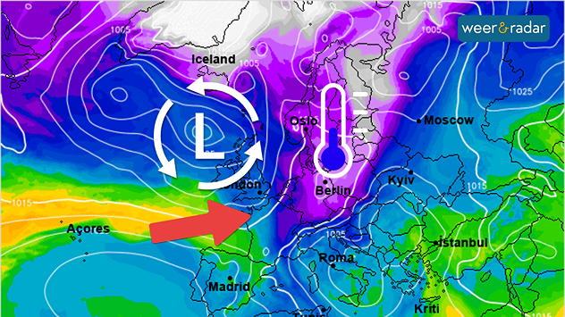 Komend weekend wordt het even winters, maar een lagedrukgebied op de oceaan brengt vanaf begin volgende week alweer een heel stuk zachtere lucht.