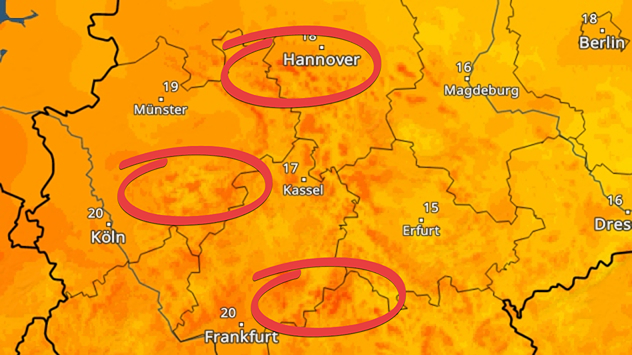 Am frühen Morgen hat das TemperaturRadar warme "Flecken" gezeigt.