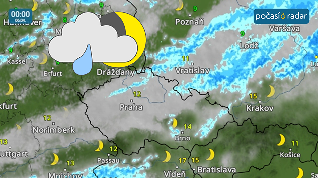Meteoradar, screenshot, 6. 4. 0:00: V noci na pondělí bude přes naše území přecházet studená fronta. Přinese zvětšenou oblačnost a ochlazení, srážek však bude jen velmi málo.