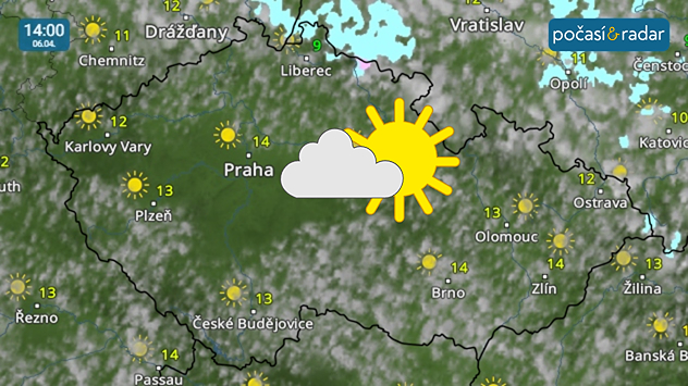 Meteoradar, screenshot, 6. 4. 14:00: V pondělí během dne převládne slunečné, ale chladnější počasí s teplotami kolem 13 °C.