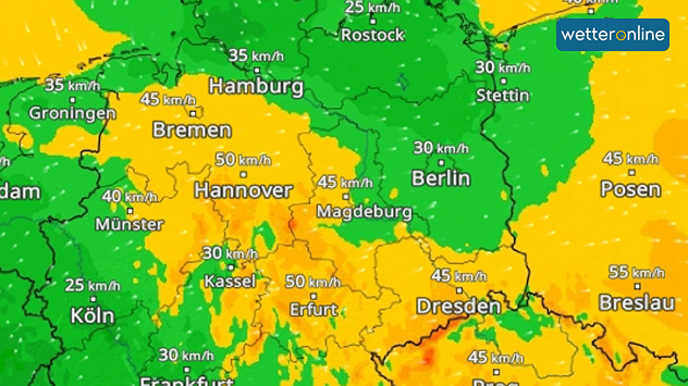 In Teilen Deutschlands gibt es kräftige Böen, wie das&nbsp;WindRadar&nbsp;zeigt.