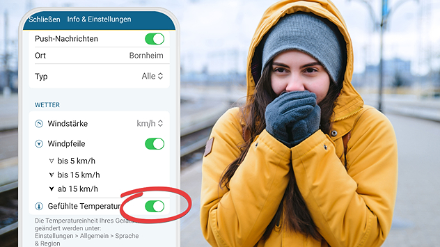 Links: Einstellungen in der WetterOnline App. Rechts: Eine Frau in Winterkleidung wärmt sich die Hände. 