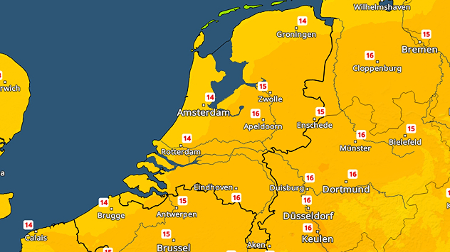 Temperatuurkaart met maximale waardes tussen de 10 en 16 graden voor Nederland