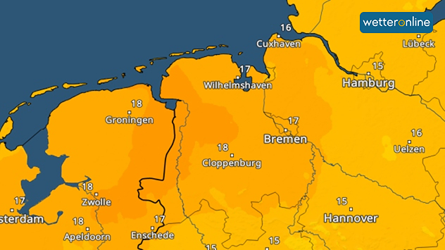 Temperaturkarte mit 15 bis 18 Grad in Nordwestdeutschland und den Niederlanden.