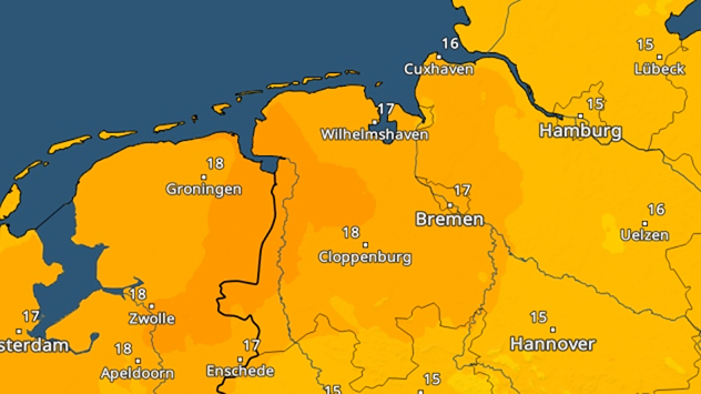 Temperaturkarte mit 15 bis 18 Grad in Nordwestdeutschland und den Niederlanden.