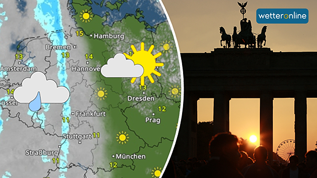 WetterRadar mit Wolken und etwas Regen im Westen und Sonne im Osten, daneben das Brandenburger Tor bei Sonnenuntergang.