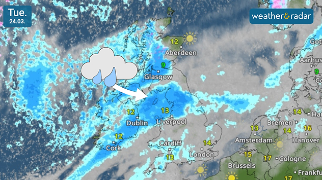 Weather radar map dated Tue 24.03 showing a band of rain in blue moving from the Atlantic across Ireland into western and central UK, with brighter conditions further east.