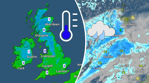 Split image showing a UK and Ireland temperature map with near-freezing values on the left and a weather radar map on the right with a band of rain moving east across the region.