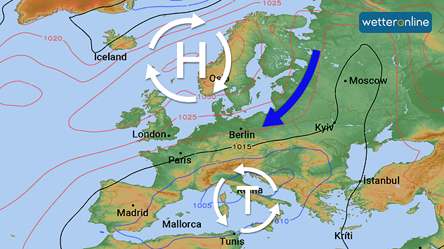 Wetterkarte Europas mit Hoch- und Tiefdruckgebieten sowie Kaltluftpfeil nach Mitteleuropa. Drucklinien und Strömungsrichtung sind markiert.