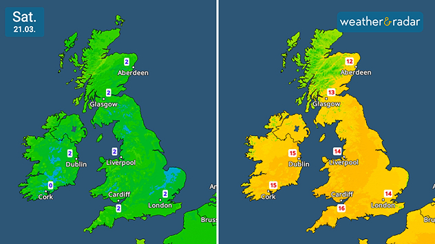 Side-by-side UK and Ireland maps showing daily lows around 0–2°C on the left and daily highs rising to the mid-teens on the right.