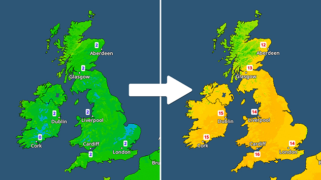 Split UK and Ireland map showing daily low temperatures on the left (near 0–2°C) and higher daytime temperatures on the right (around 12–16°C).
