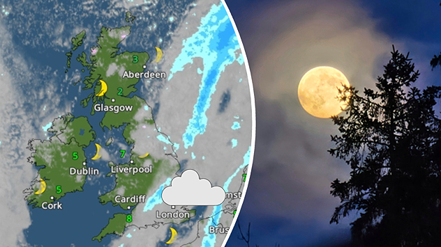 Split image with UK nighttime weather map on the left showing clouds, rain bands, and temperatures, and a bright full moon above dark pine trees on the right.