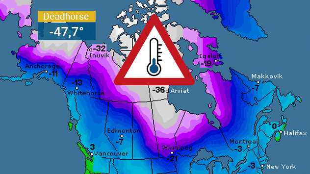 Die Karte zeigt die Temperaturen in Nordamerika. 