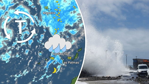 Wetterkarte mit einem Tiefdruckgebiet („T“) westlich von Madeira und den Kanaren, begleitet von Wolken und Schauersymbolen; daneben ein Foto von starker Brandung, bei der Wellen gegen eine Küstenstraße schlagen und ein Auto von Gischt getroffen wird.